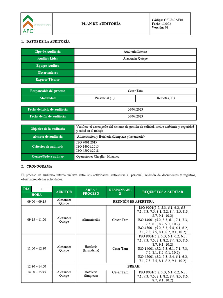 Plan de Auditoría Interna ISO 2023 | PDF | Auditoría | Organización ...