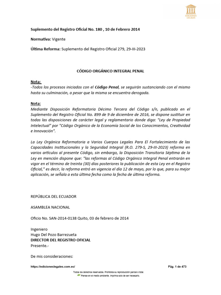 Coip-Código Órganico Integral Penal | PDF | Derecho penal | Ley procesal