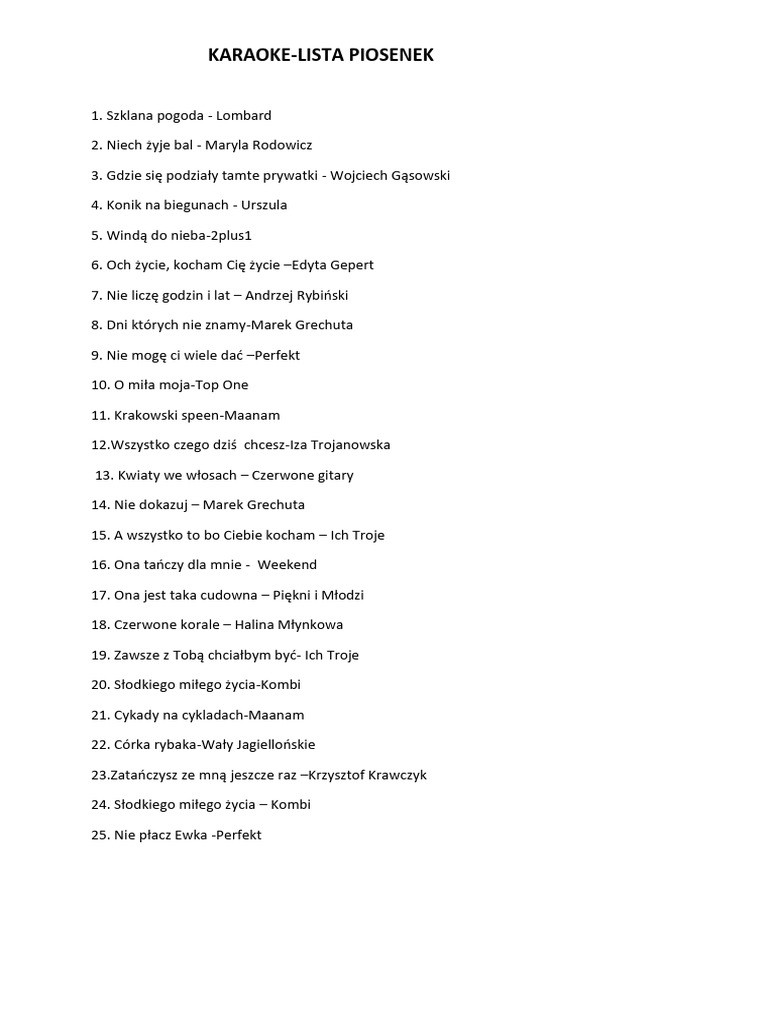 Karaoke-Lista Piosenek | PDF