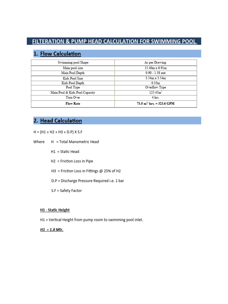 Filteration Pump Head Calculation For Swimming Pool at Pent House PDF