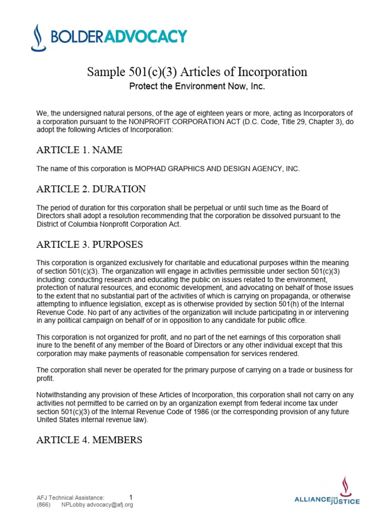 Sample 501c3 Articles of Incorporation 01242014 PDF 501(C