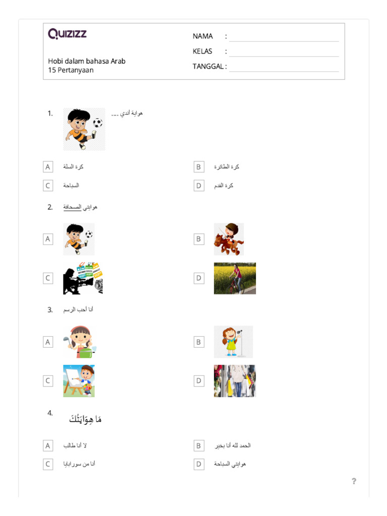 (Quizizz) Hobi Dalam Bahasa Arab | PDF