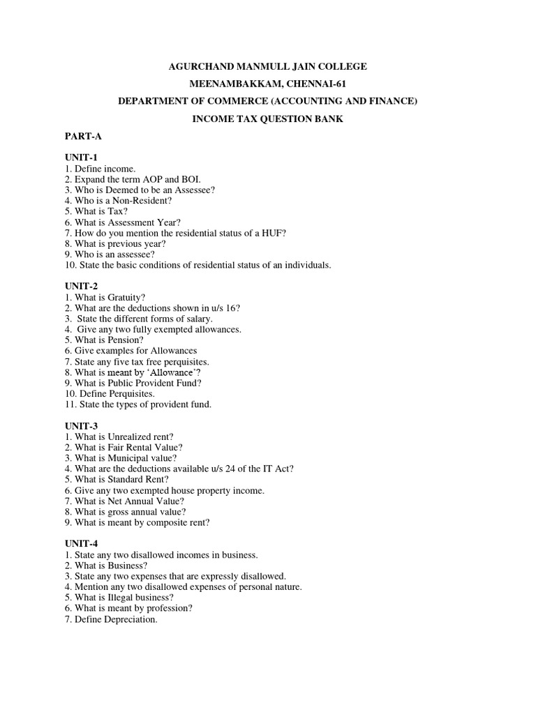 Income Tax Question Bank for Students | PDF | Tax Deduction | Depreciation