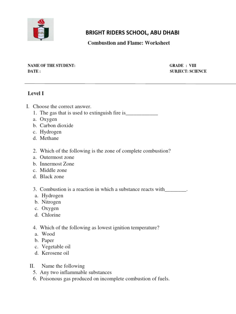 Combustion and Flame Worksheet for VIII | PDF | Science & Mathematics