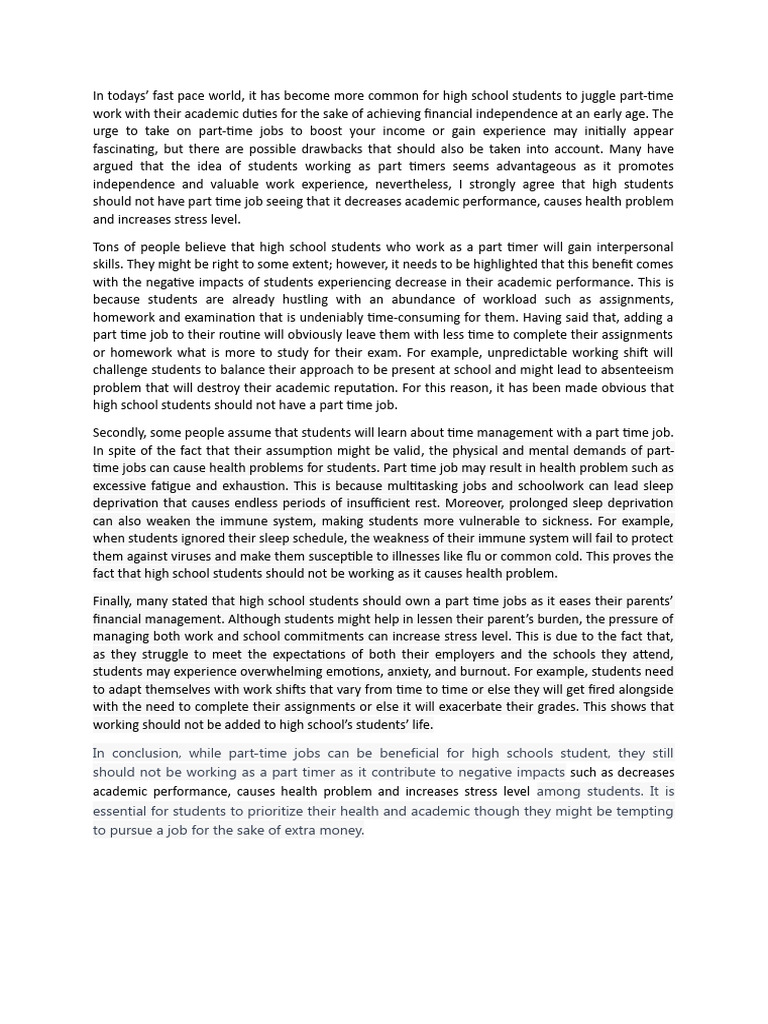High School Students and Part-Time Jobs | PDF | Stress (Biology ...