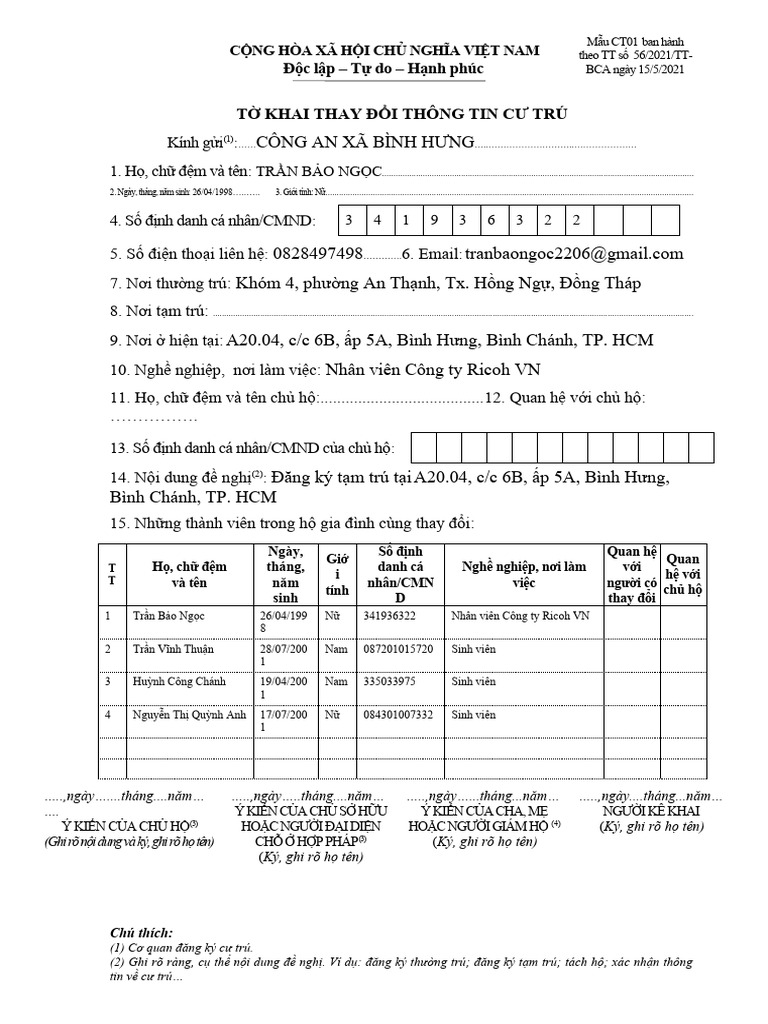 CT01 Tờ Khai Thay Đổi Thông Tin Cư Trú | PDF