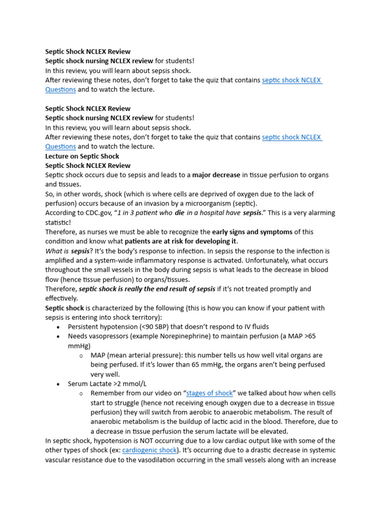 Septic Shock NCLEX Review PDF Shock (Circulatory) Sepsis