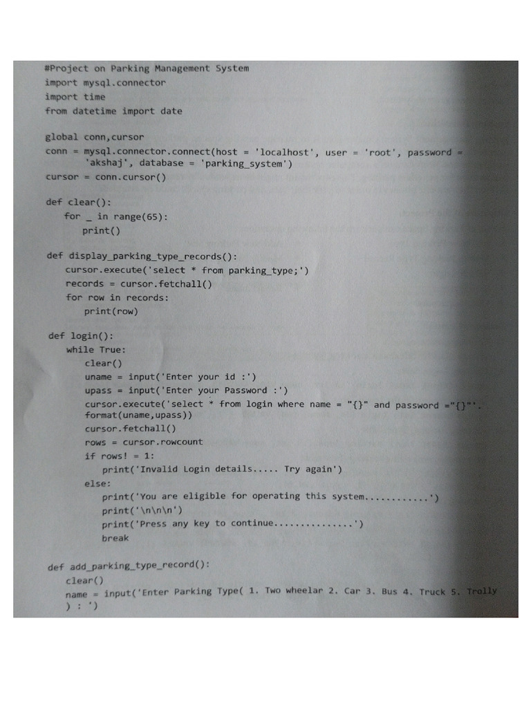 Parking Management System Class 12 Pdf