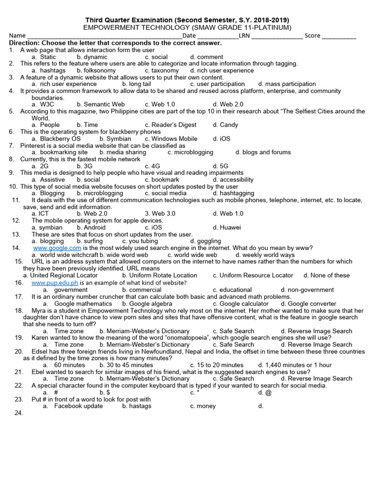 Grade 11 Empowerment Tech Exam | PDF | World Wide Web | Internet & Web