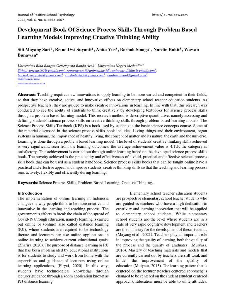 Development Book Of Science Process Skills Through Problem Based Pdf