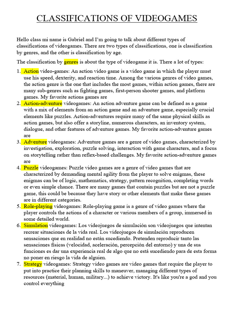 Classifications of Videogames PDF Video Games Gaming