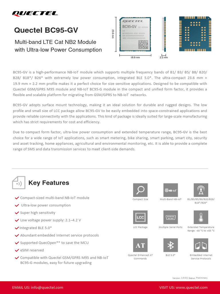 Quectel BC95-GV NB-IoT Specification V1.0.0 Preliminary 20211020 | PDF ...