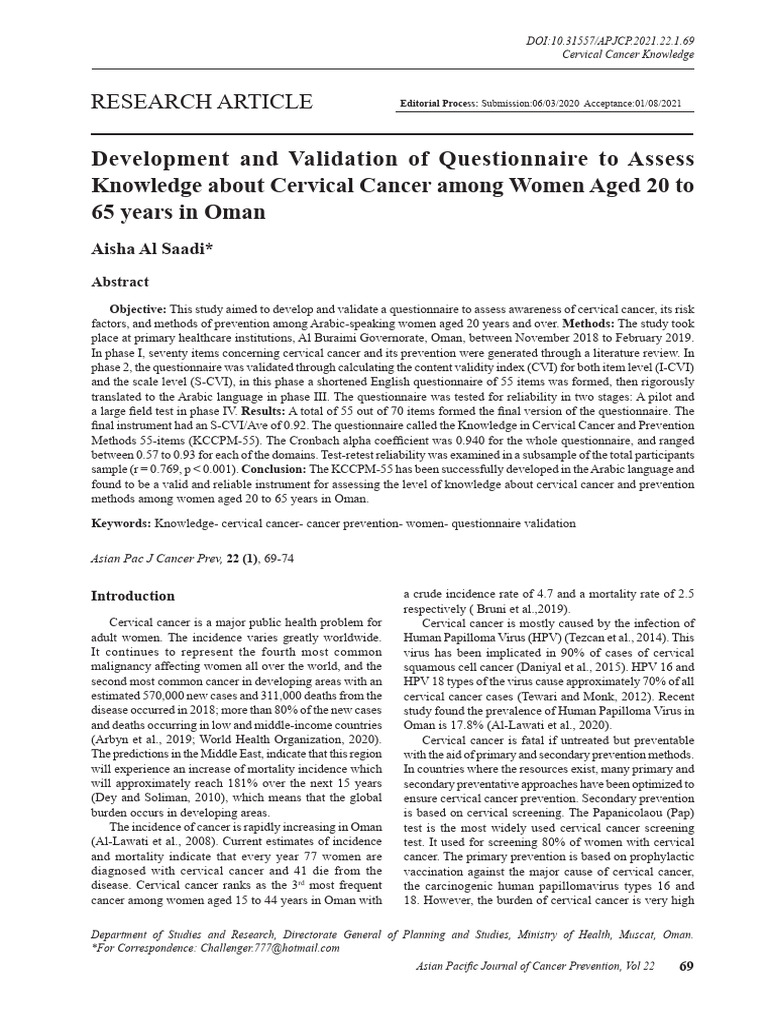 Development and Validation of Questionnaire To Assess Knowledge About ...