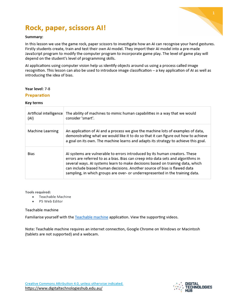 Rock Paper Scissors Lesson Sequence PDF Artificial Intelligence