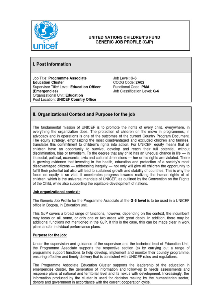 Programme Associate Education Cluster GS6 PDF Experience Unicef