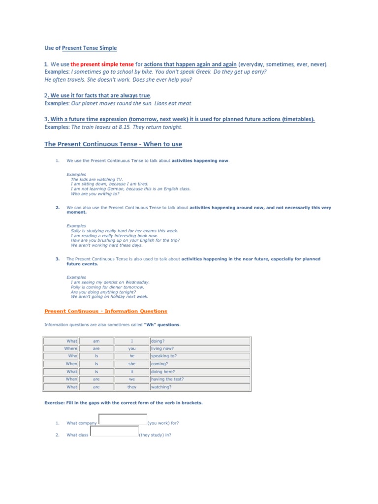 The Present Continuous and Present Simple Tenses | PDF | Grammatical ...