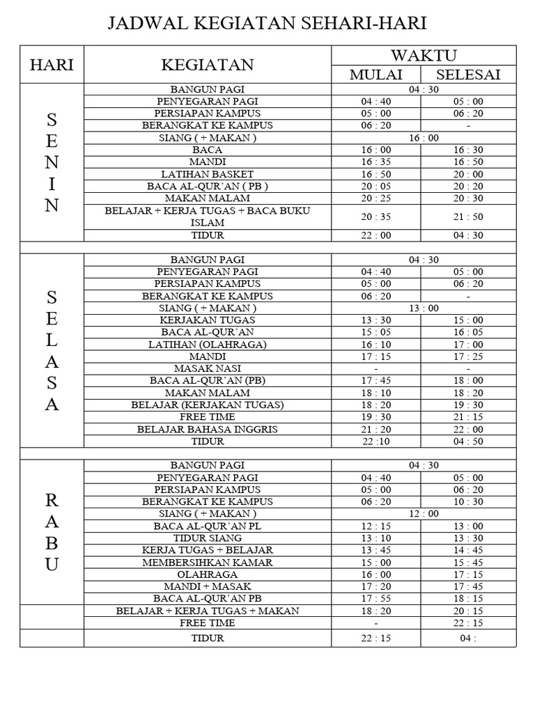 Jadwal Kegiatan Sehari Hari | PDF