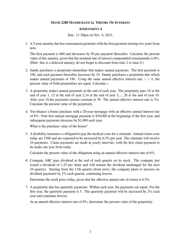 Mathematical Interest Theory Assignment 4 | PDF | Present Value | Interest