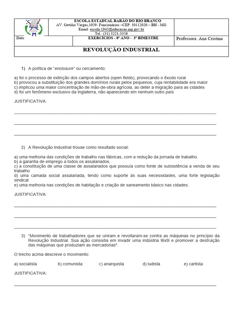 Exercícios sobre a Revolução Industrial | PDF | Revolução Industrial ...