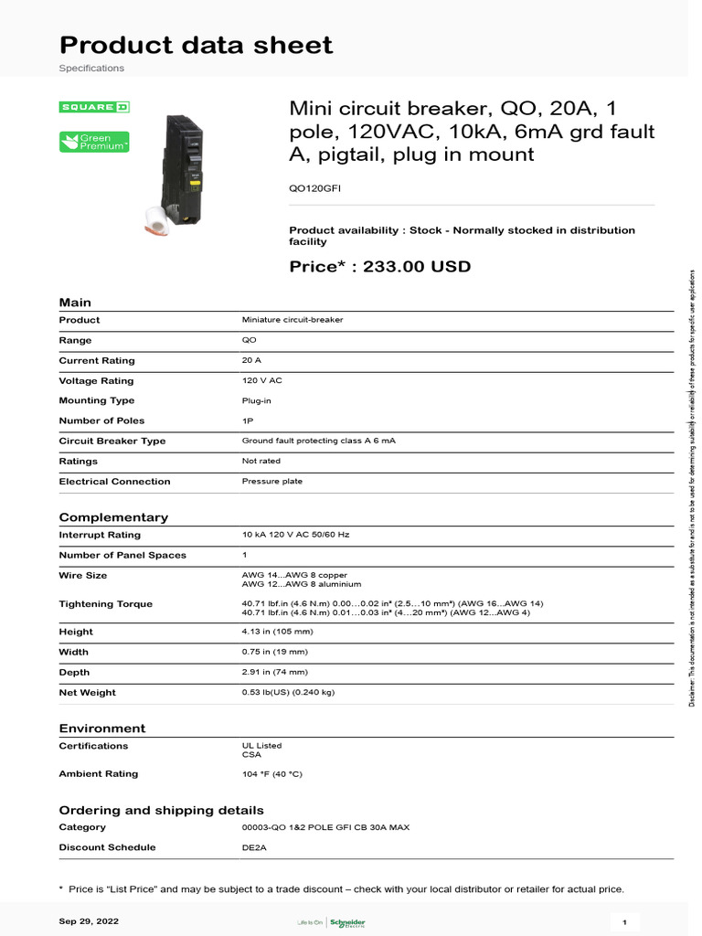 Square D™ QO™ and QOB Miniature Circuit Breakers - QO120GFI | PDF ...