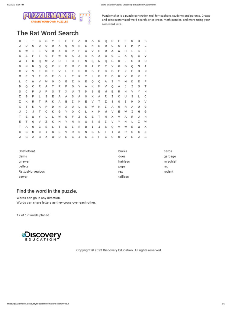 Word Search Puzzle Discovery Education Puzzlemaker PDF