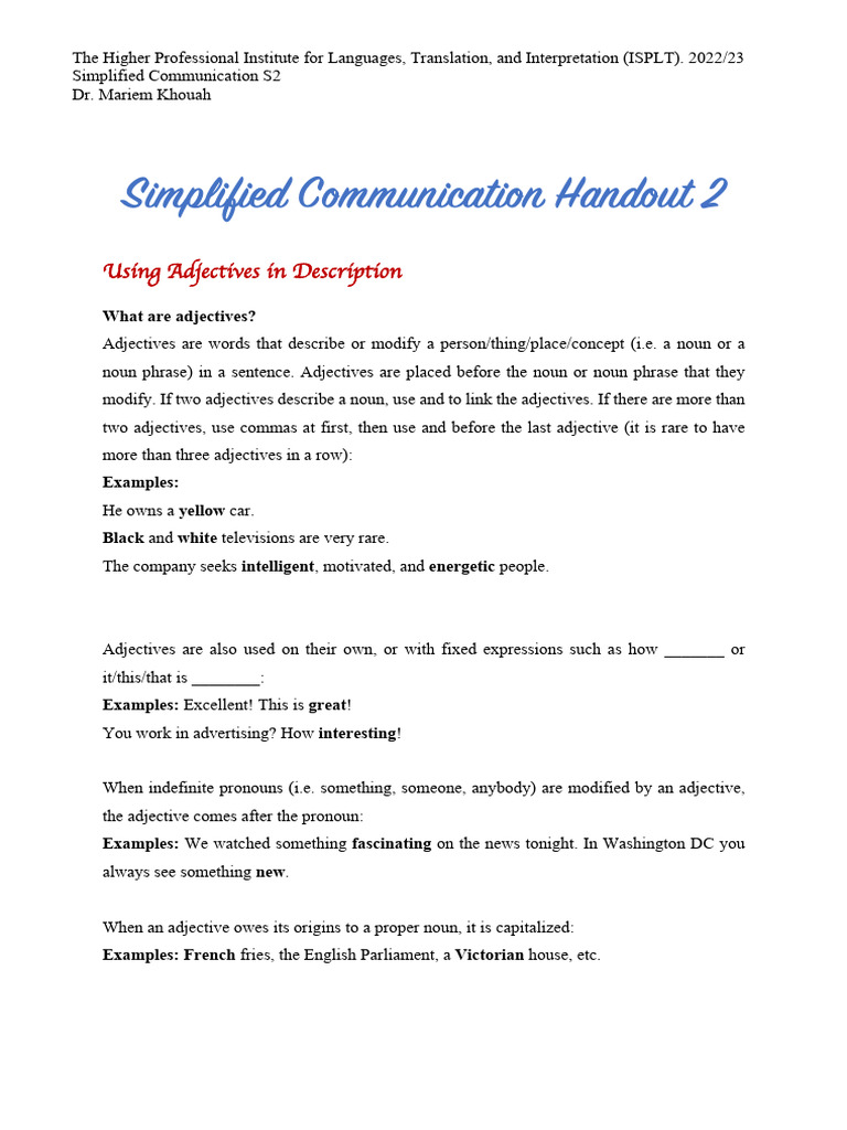 Simplified Communication Handout 2 PDF Adjective Noun