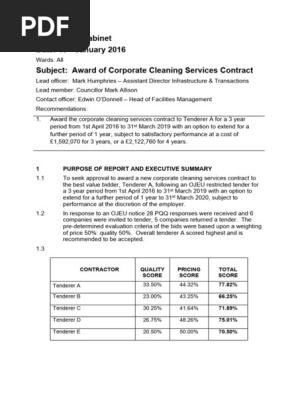 Award of Contract for Provision of Cleaning Services to LBM - Corporate Services Contract