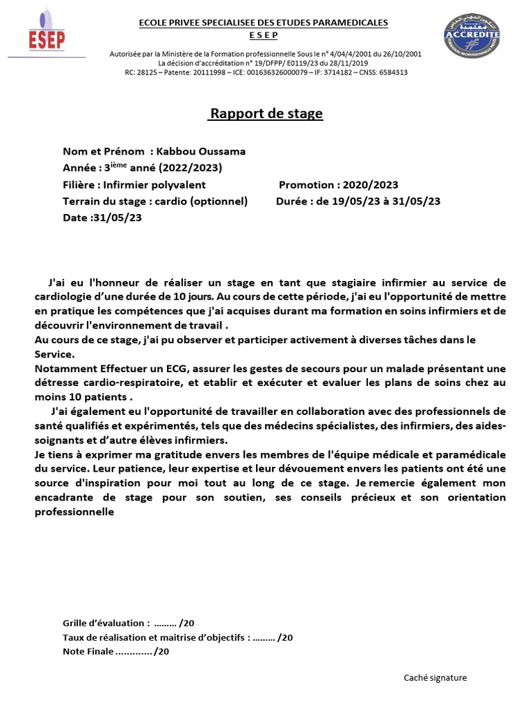 Rapport de stage en cardiologie | PDF