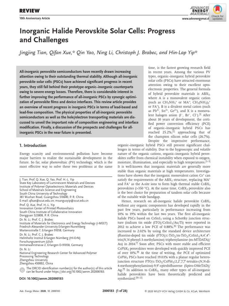 Inorganic Halide Perovskite Solar Cells Progress A | PDF | Solar Cell ...