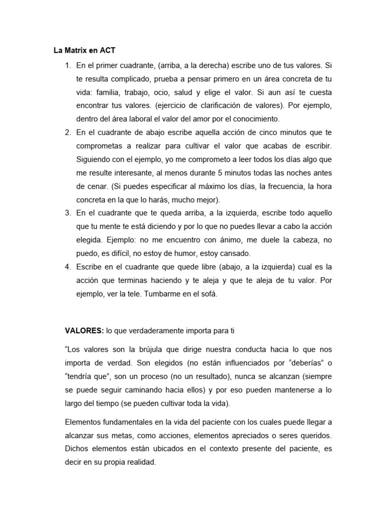 Matrix en Terapia ACT: Valores y Acciones | PDF