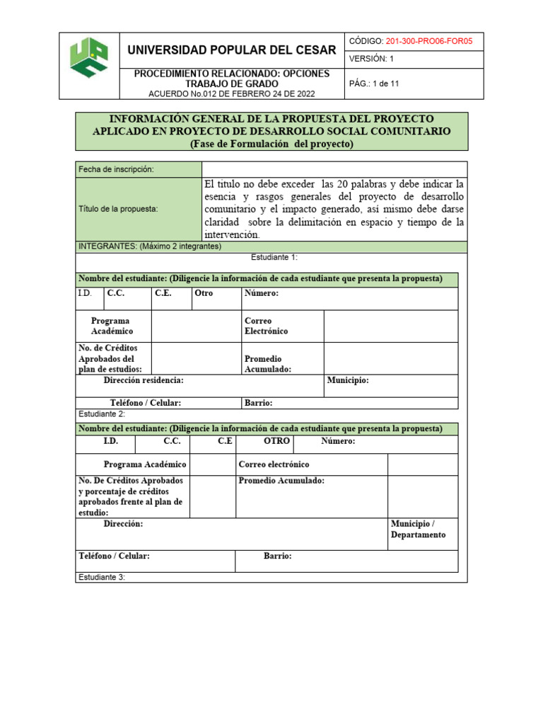 Ficha de Proyectos de Desarrollo Comunitario Fase de Formulación Del ...