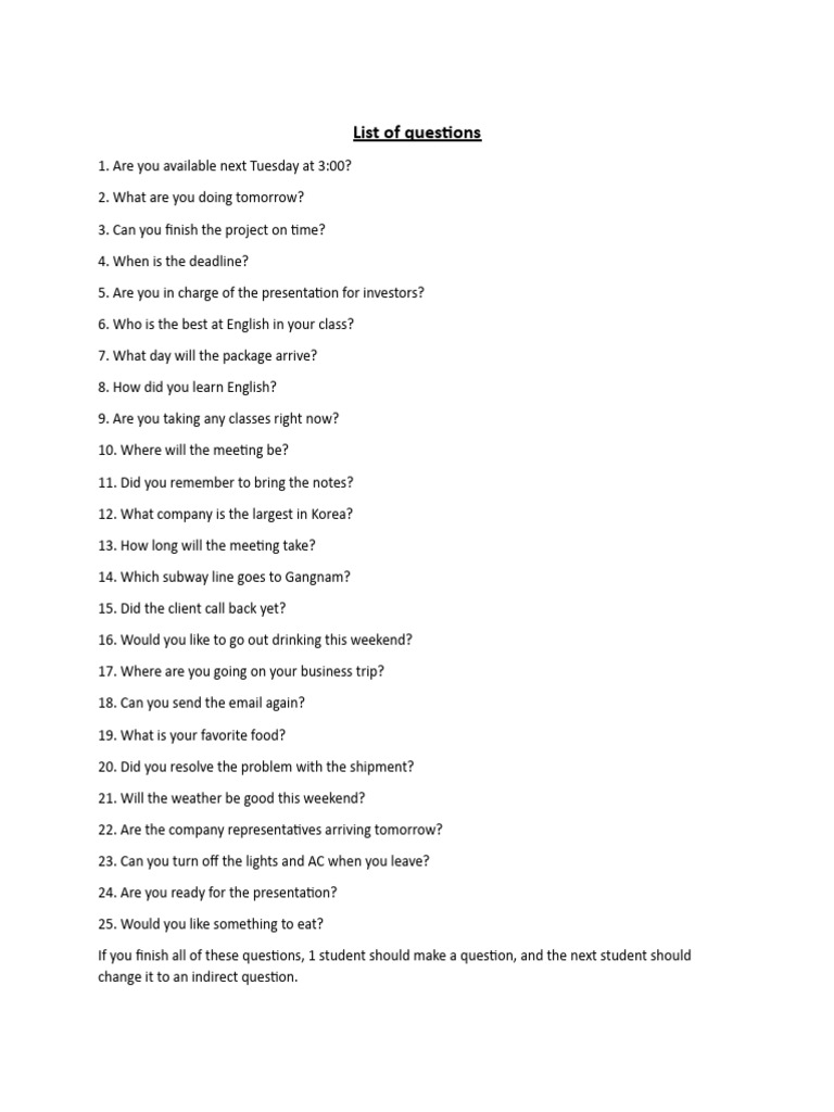 Direct-Indirect Question List | PDF