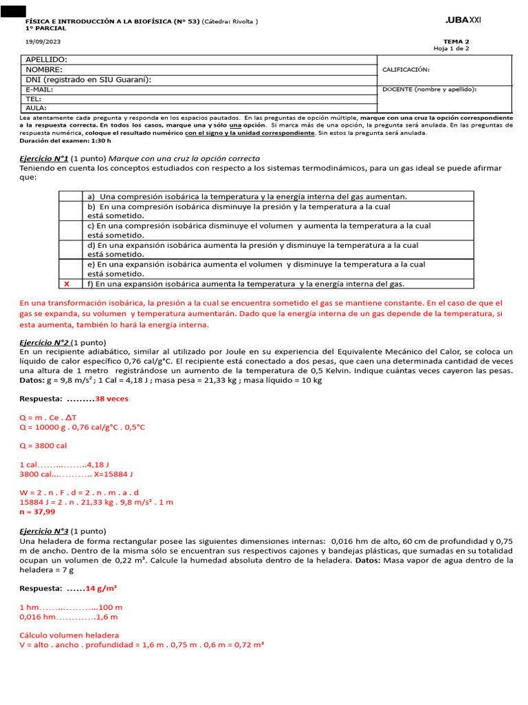 1P 2C 2023 Tema 2 Clave | PDF | Gases | Temperatura