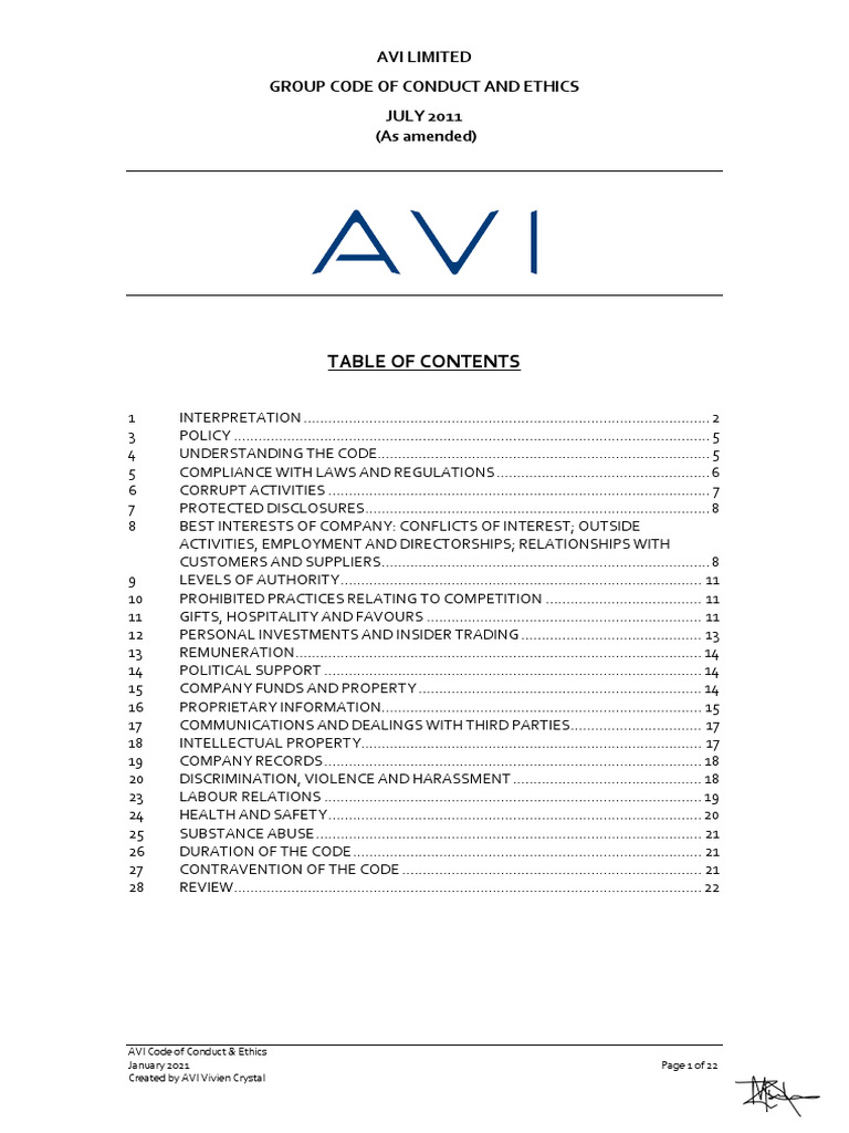 AVI Limited Code of Conduct & Ethics | PDF | Conflict Of Interest ...