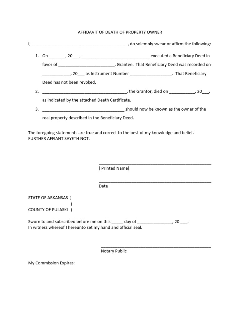 Affidavit of death of property owner fillable pdf