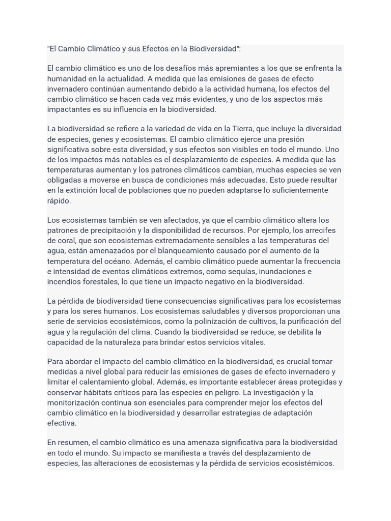 El Cambio Climático y Sus Efectos en La Biodiversidad | PDF | Cambio ...