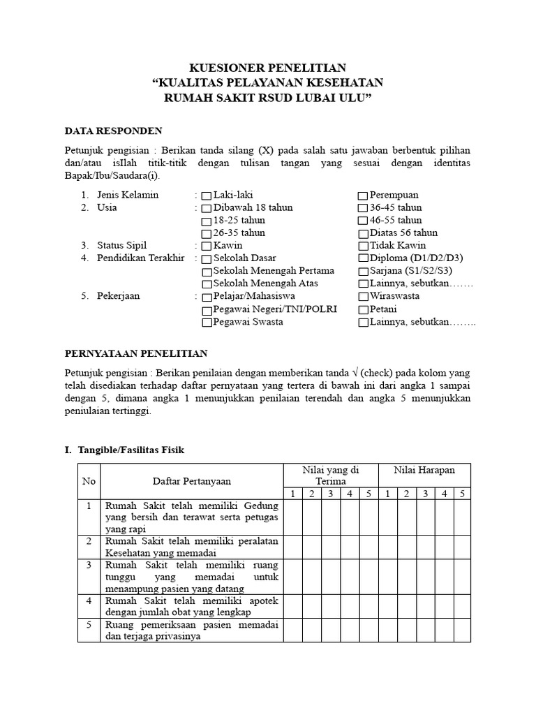 Kuesioner Kualitas Pelayanan RSUD Lubai Ulu | PDF | Pengembangan Diri ...