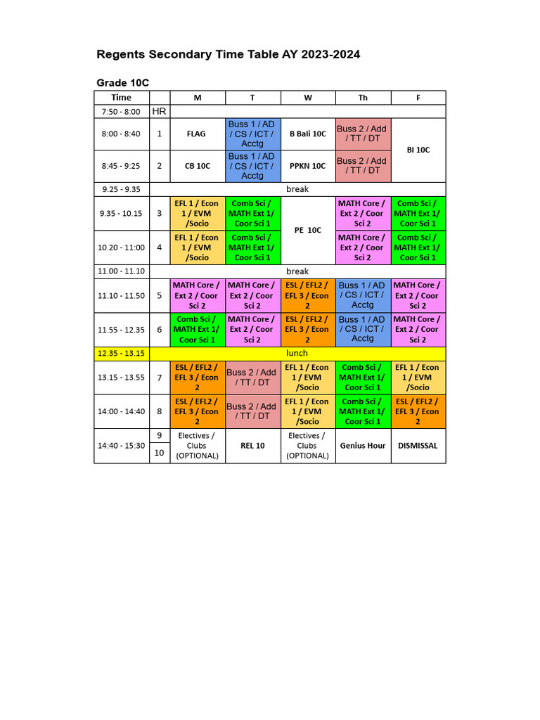 Regents Secondary Time Table AY 20232024 Grade 10C PDF