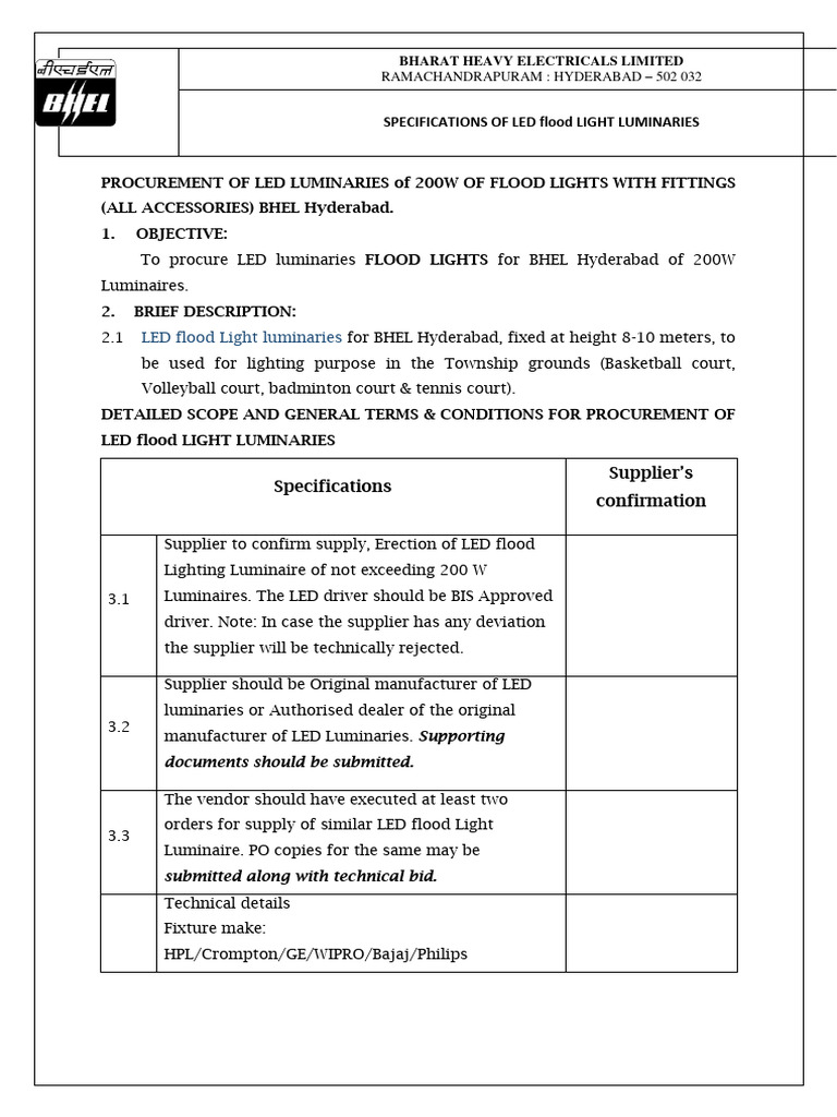 BHEL 200W LED Flood Light Specifications | PDF | Mains Electricity ...