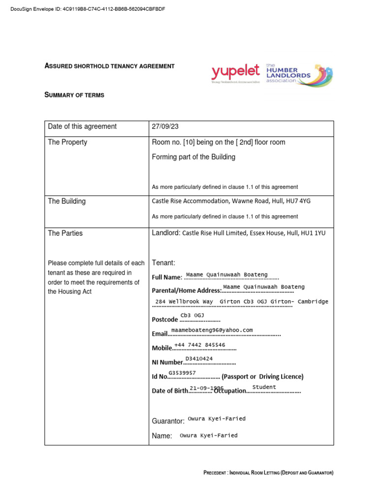 Room Letting Agreement: Deposit & Guarantor | PDF