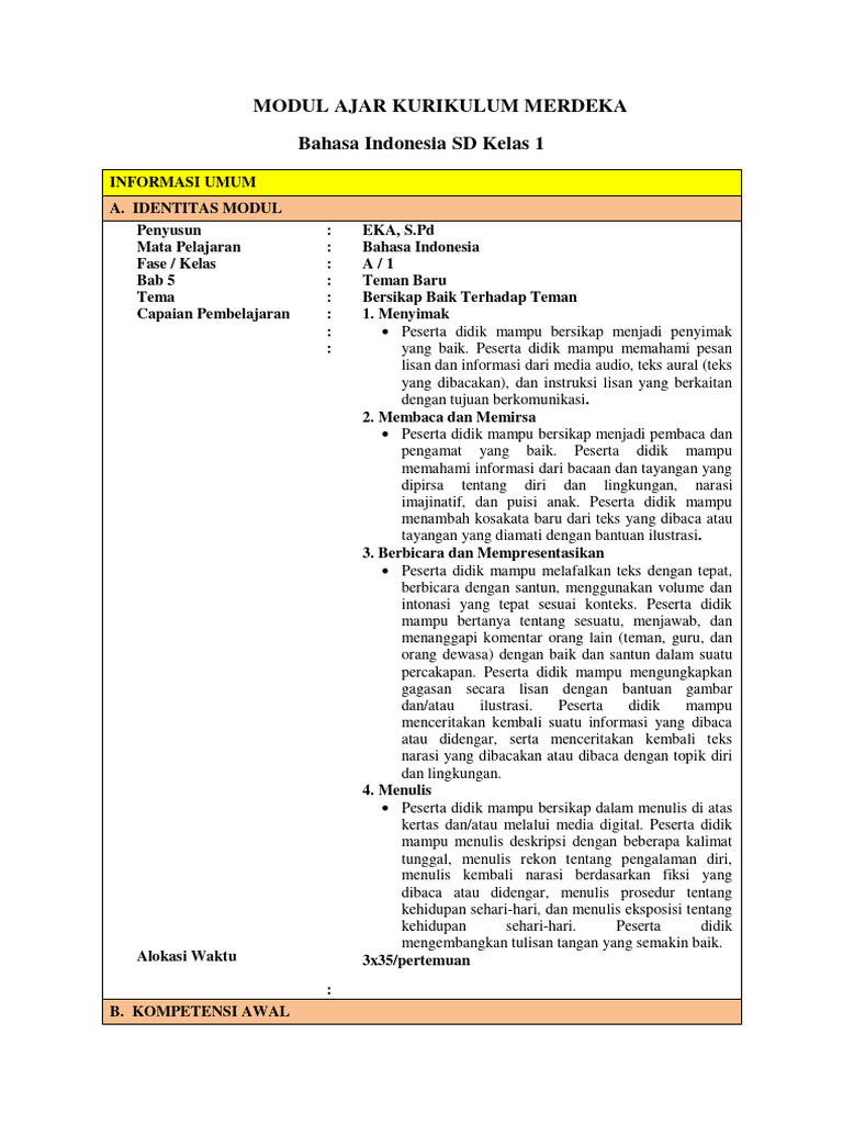Modul Ajar Kurikulum Merdeka Bahasa Indonesia SD Kelas 1 | PDF