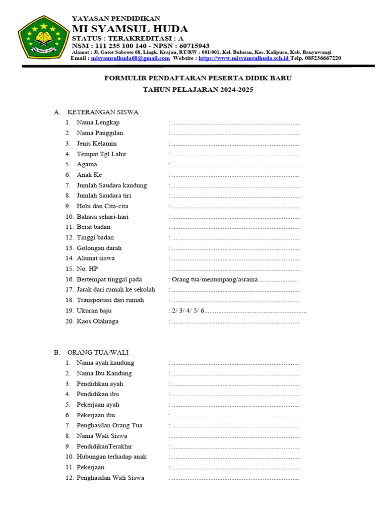 FORMULIR PENDAFTARAN 2024-2025 Fix | PDF