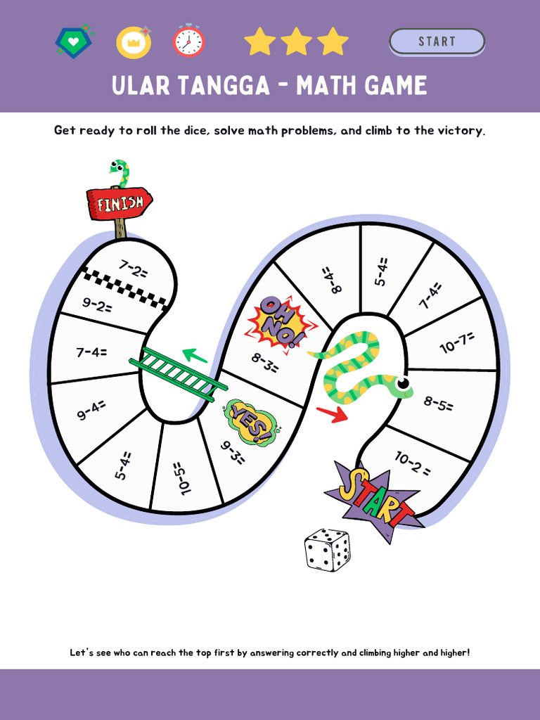 Subtraction Snakes and Ladders Game Worksheet in Colorful Illustrative