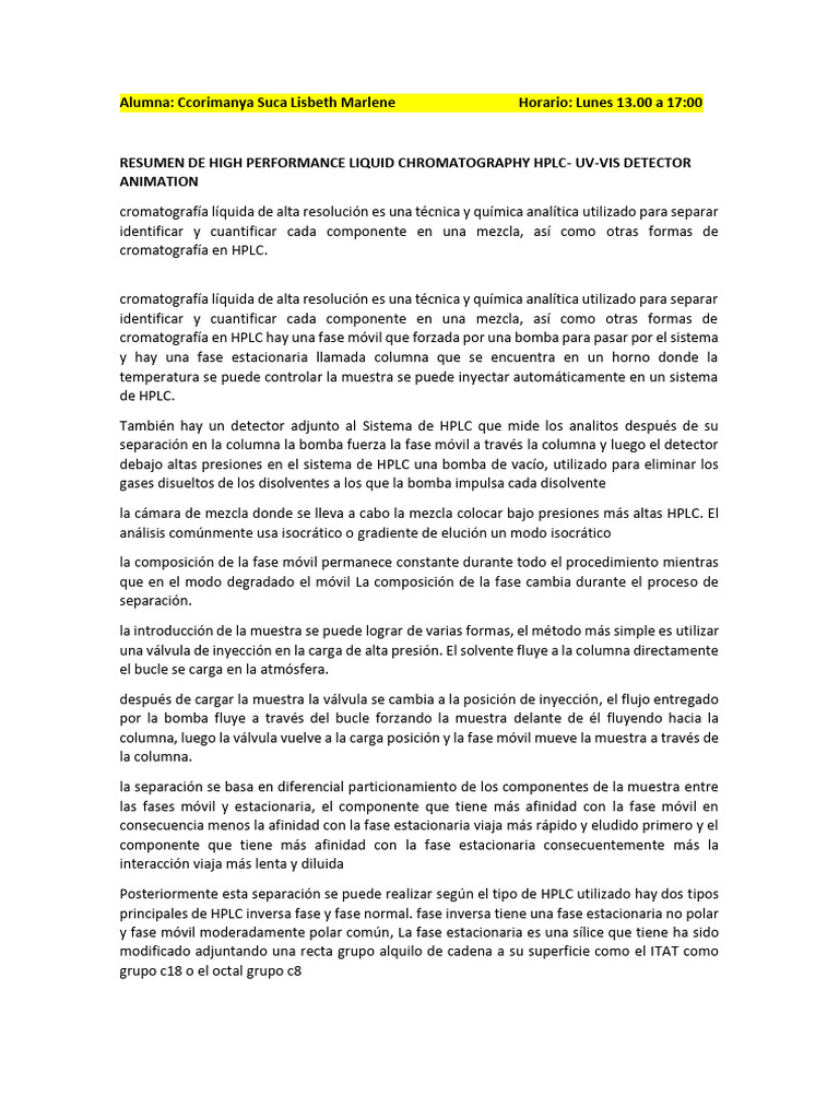 RESUMEN DE HIGH PERFORMANCE LIQUID CHROMATOGRAPHY HPLC UVVIS DETECTOR