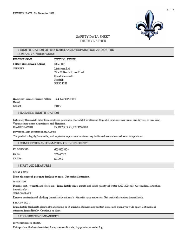 Diethyl Ether Msds Pdf Chemistry Materials