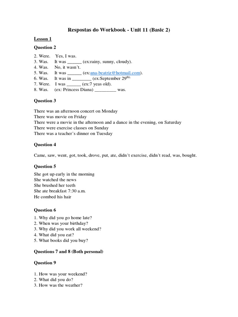 Workbook Answers - Unit 11 Basic 2 | PDF