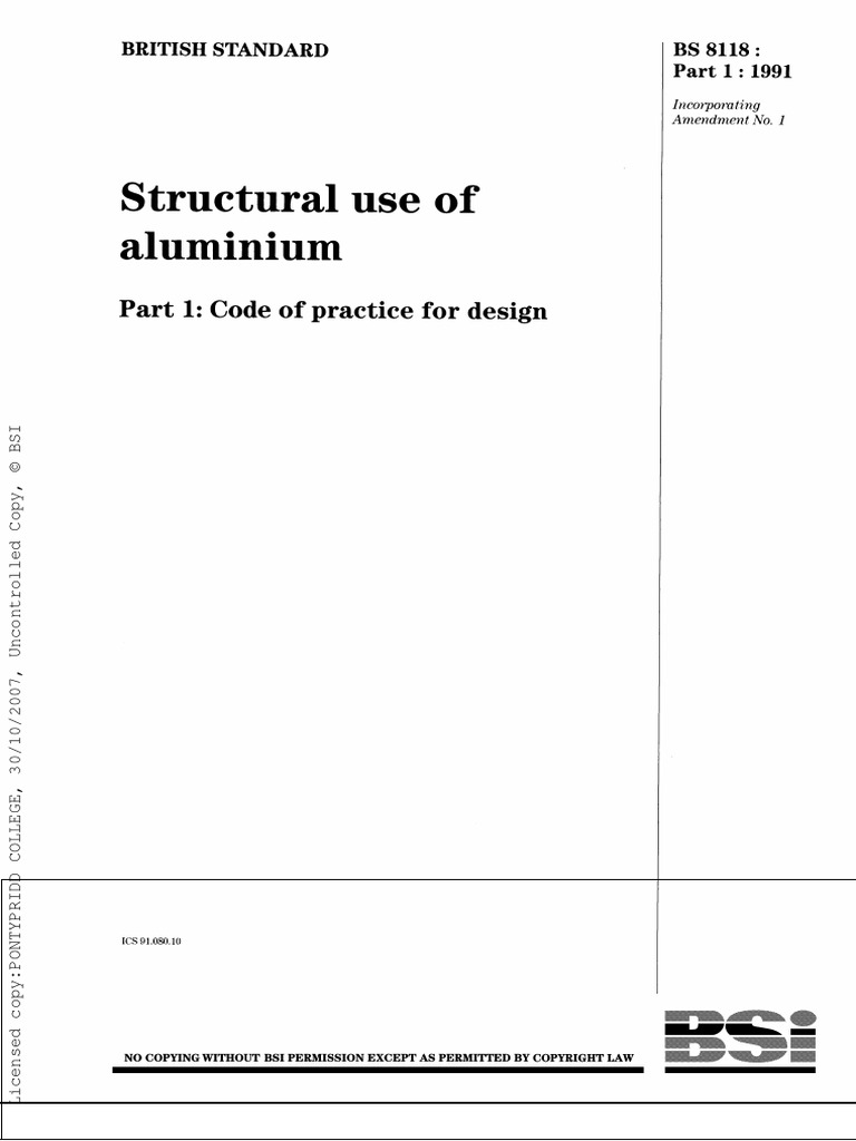 BS 811811991 Structural Use of Aluminium. Code of Practice For Design