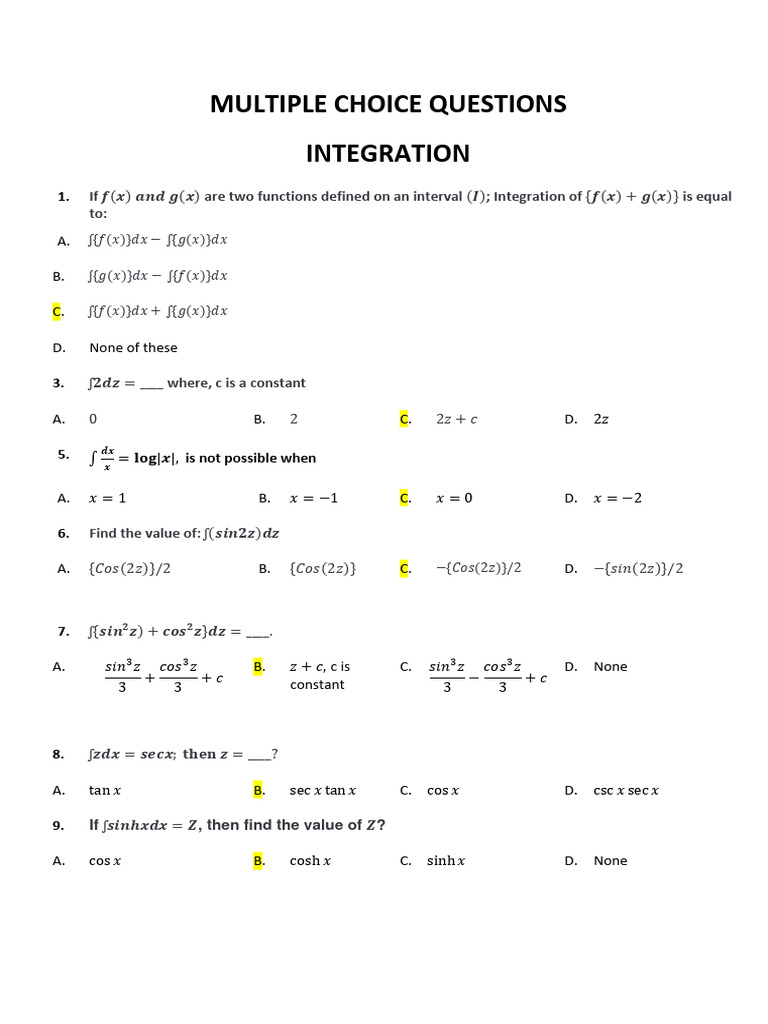 Multiple Choice Questions (Integration) | PDF | Integral | Square Root