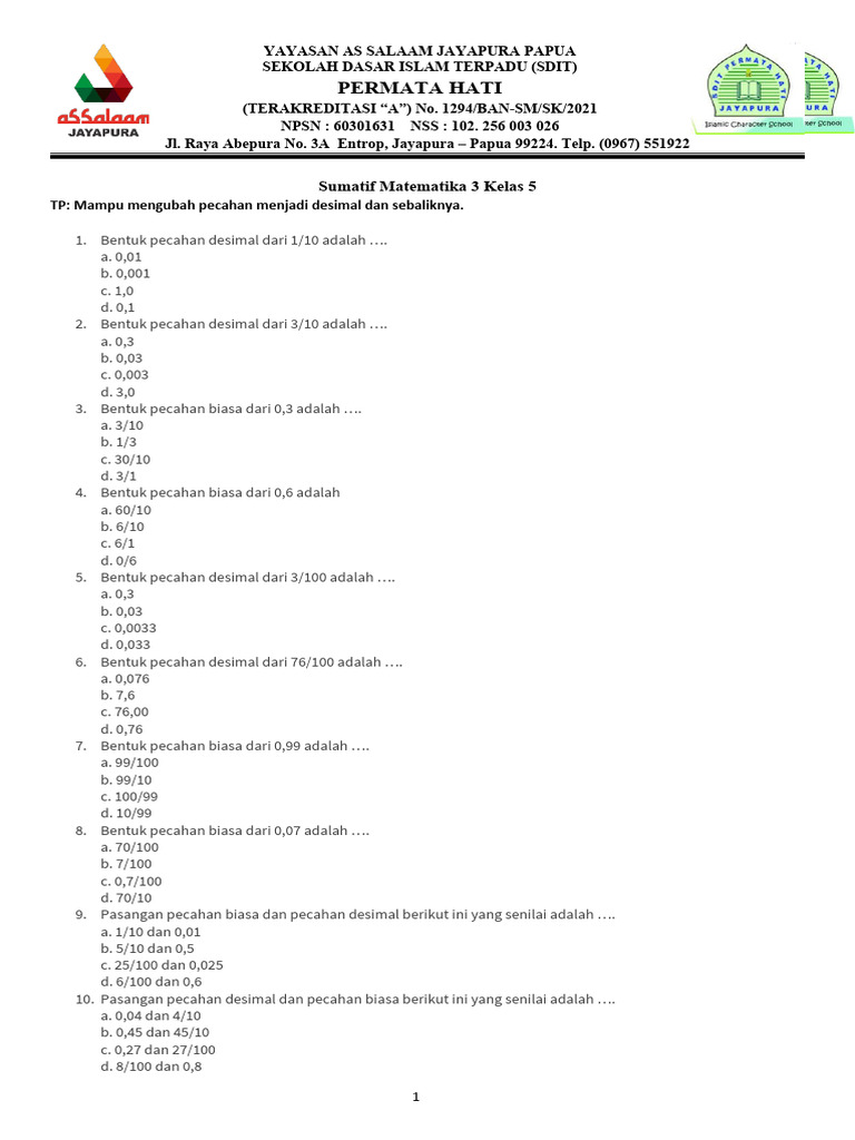 Sumatif Kelas 5 Pecahan Desimal Pdf