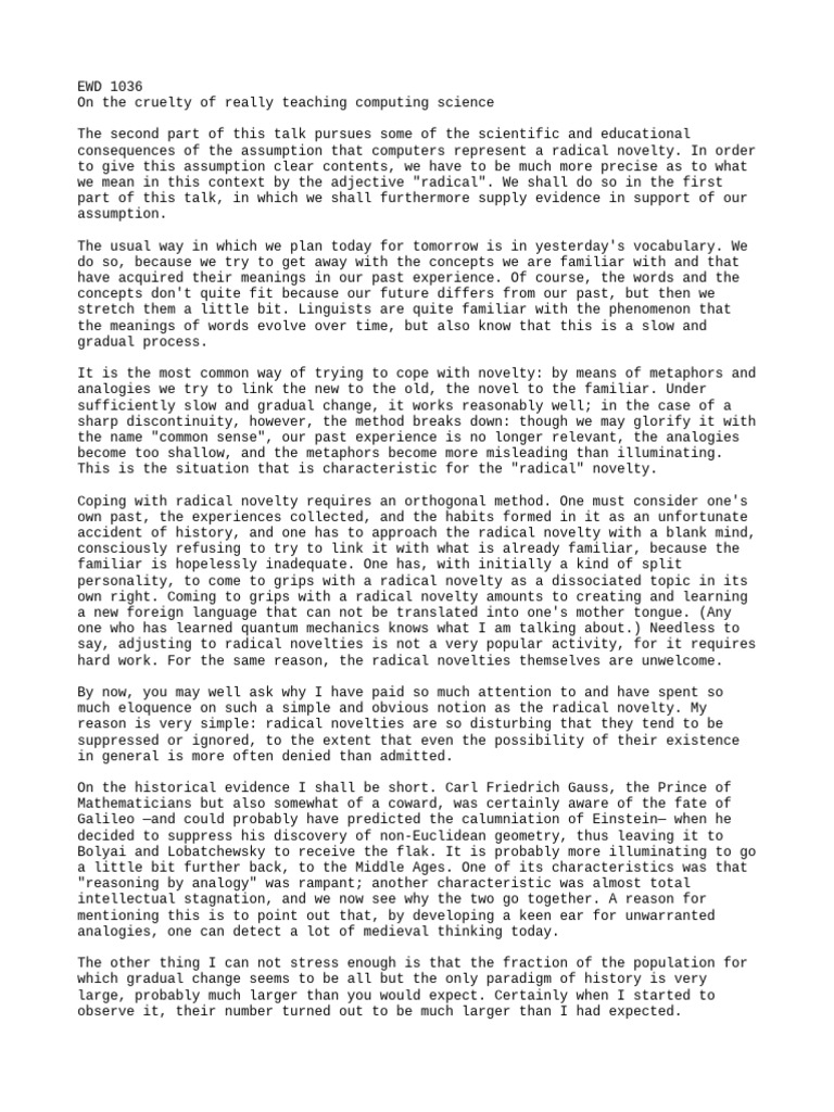 Ewd 1036 on the cruelty of really teaching computing science pdf